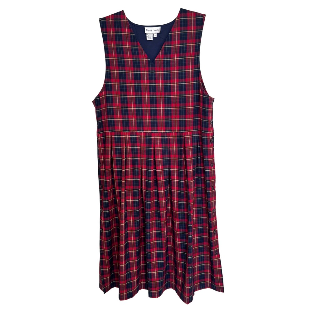 Baxter Wells Plaid Jumper Dress Womens 18 Red V-Neck Pleated Preppy Vintage